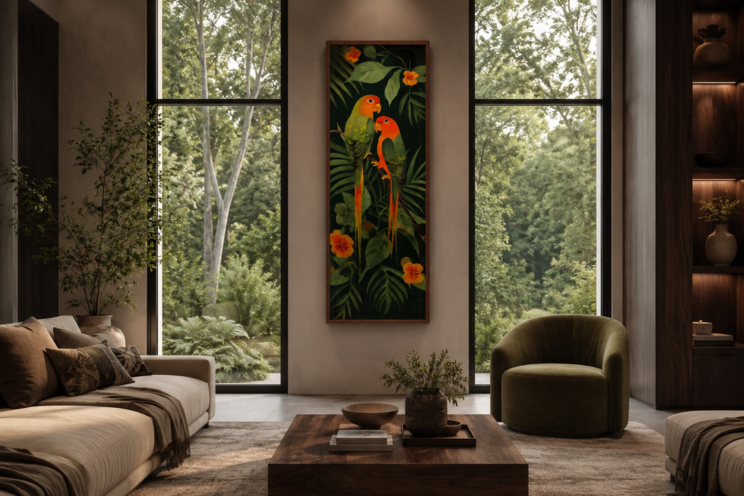 Tall vertical framed canvas art of two colorful tropical birds perched among lush jungle leaves.
