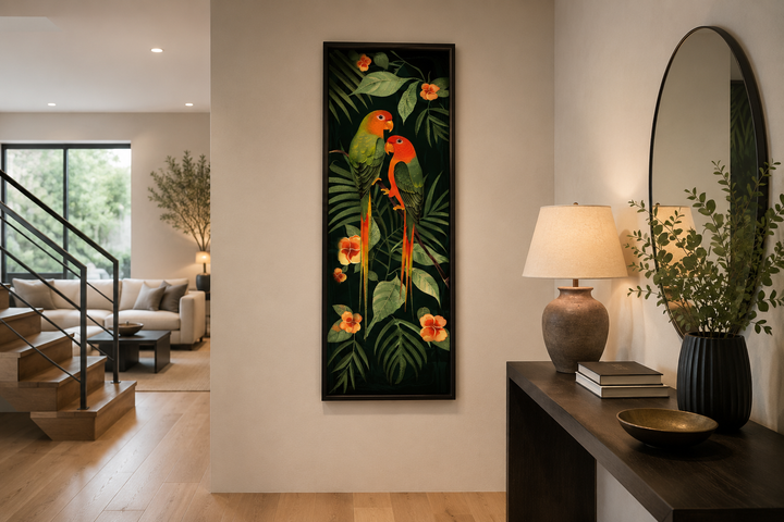 Tall vertical framed canvas art of two colorful tropical birds perched among lush jungle leaves.