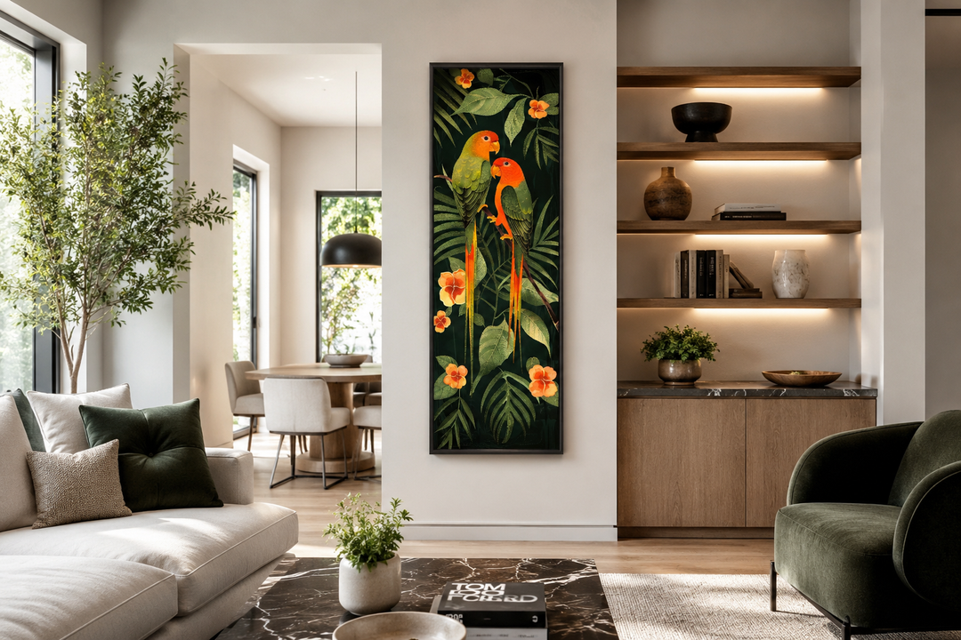 Tall vertical framed canvas art featuring two colorful tropical birds among lush jungle leaves.