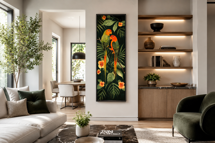 Tall vertical framed canvas art featuring two colorful tropical birds among lush jungle leaves.