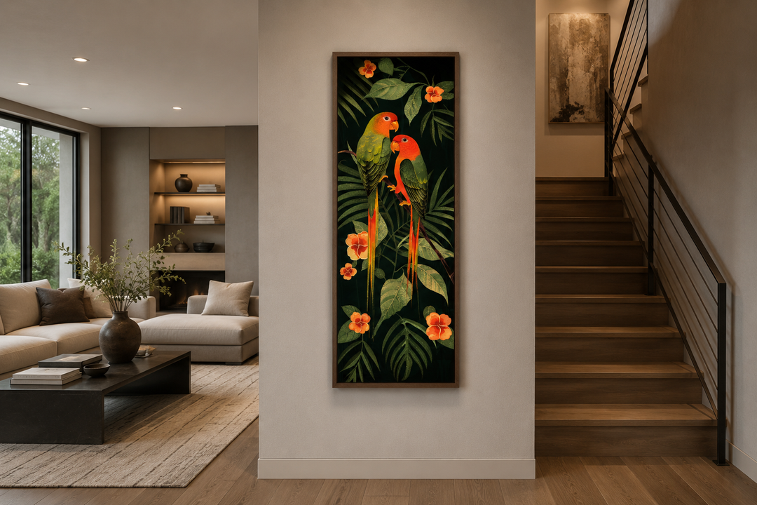 Tall vertical framed canvas art of two colorful tropical birds perched among lush jungle leaves.