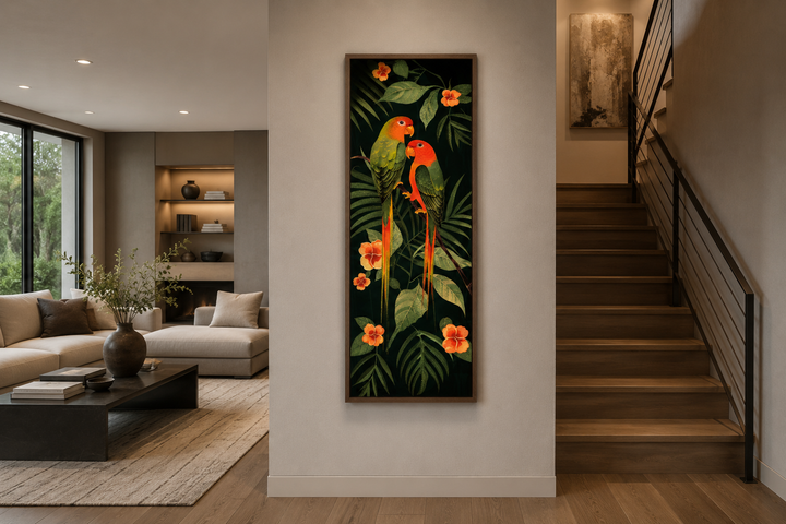 Tall vertical framed canvas art of two colorful tropical birds perched among lush jungle leaves.