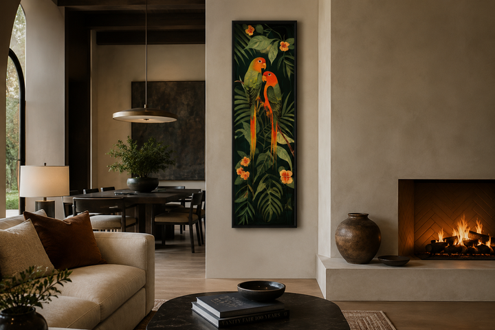 Tall vertical framed canvas art of two tropical birds among lush jungle leaves in a modern room.
