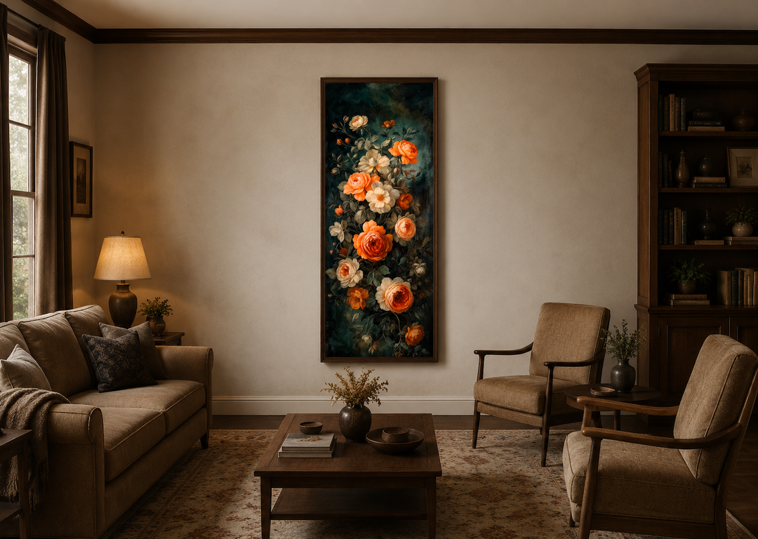 Tall vertical canvas wall art featuring vintage-style orange and cream roses on a dark background.