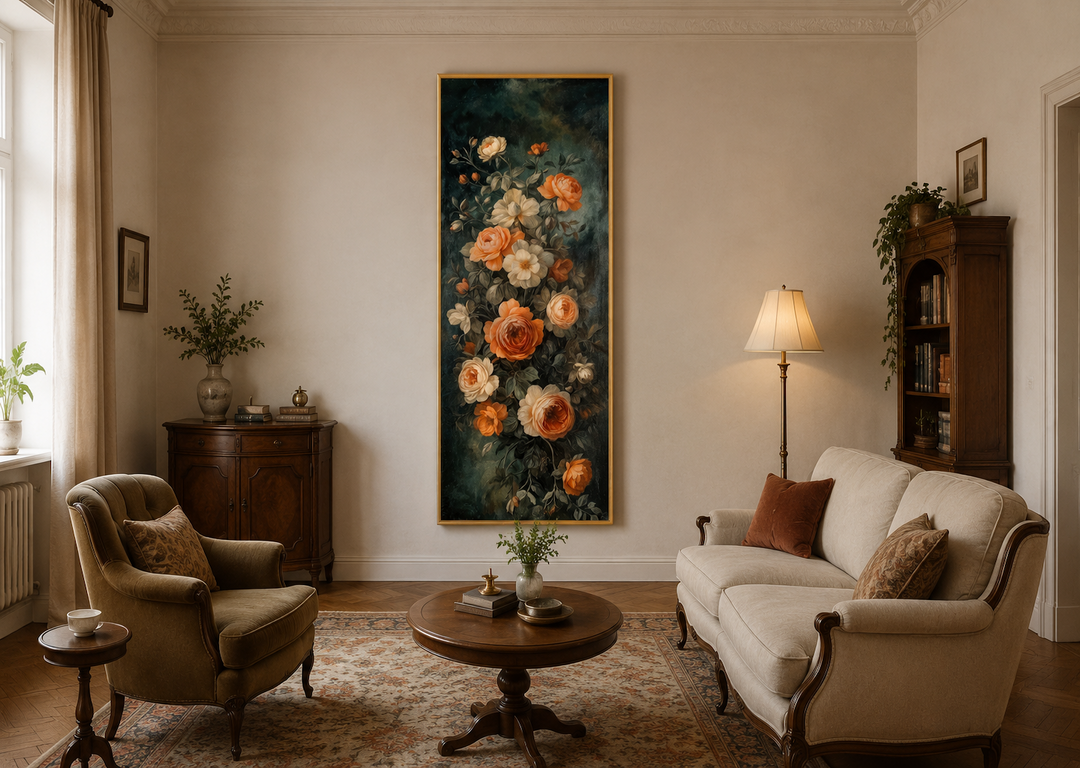 Tall vertical canvas wall art featuring vintage-style roses in warm tones on a dark green background