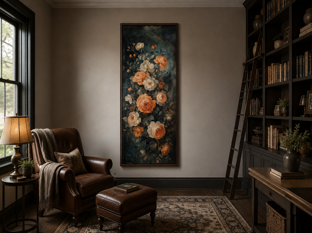 Tall vertical vintage floral canvas wall art with roses in a dark, cozy library setting.