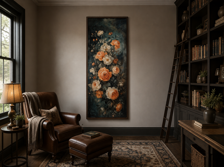 Tall vertical vintage floral canvas wall art with roses in a dark, cozy library setting.
