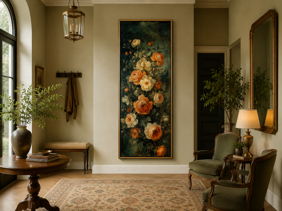 Tall vertical canvas wall art featuring vintage-style roses in warm tones on a dark green background.
