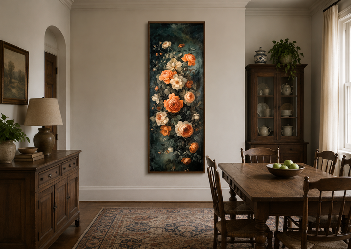 Tall vertical canvas wall art featuring a cascading arrangement of vintage roses in warm tones.