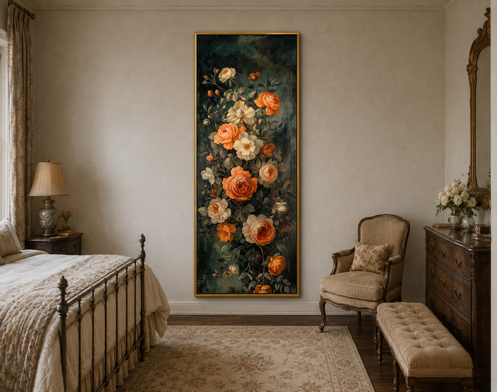 Tall vertical canvas wall art with vintage peach and ivory roses on a dark green background.