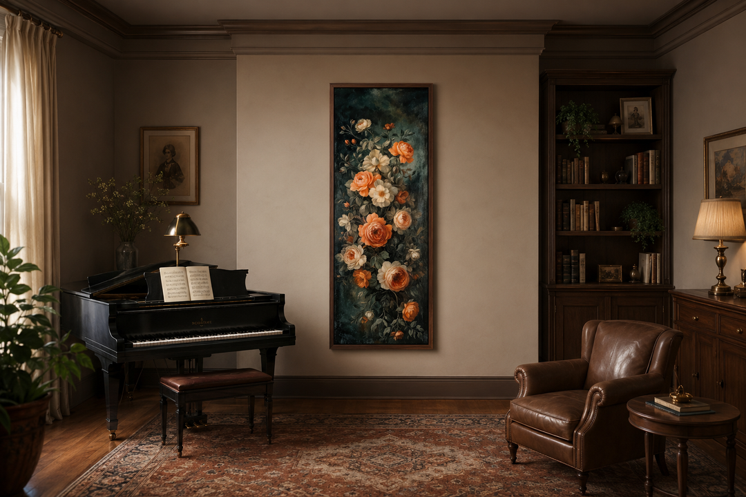 Tall vertical vintage canvas wall art featuring cascading roses in warm tones on a dark background.