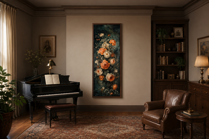 Tall vertical vintage canvas wall art featuring cascading roses in warm tones on a dark background.