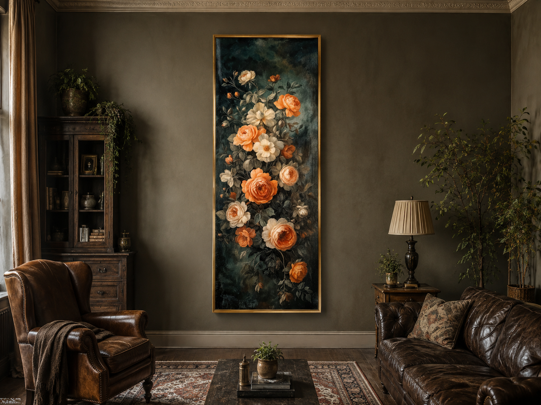 Tall vertical canvas wall art featuring a cascading arrangement of vintage roses in warm tones.
