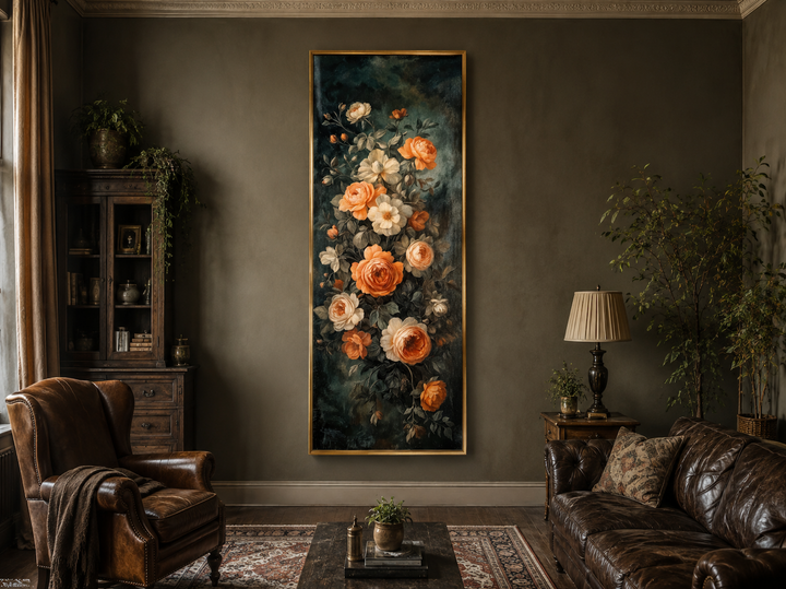 Tall vertical canvas wall art featuring a cascading arrangement of vintage roses in warm tones.