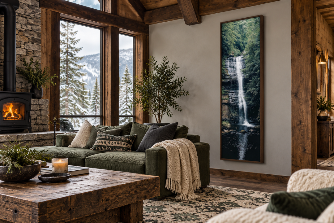Tall narrow vertical framed canvas wall art of a serene waterfall in a rustic mountain cabin.