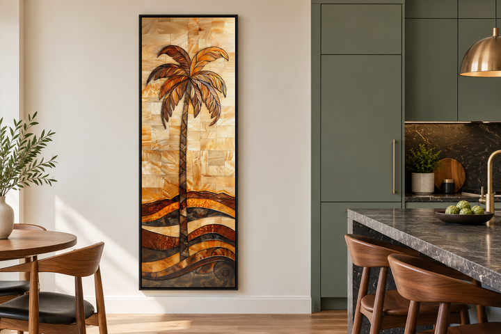 Tall narrow vertical framed canvas wall art featuring a palm tree in a woodgrain-inspired style.