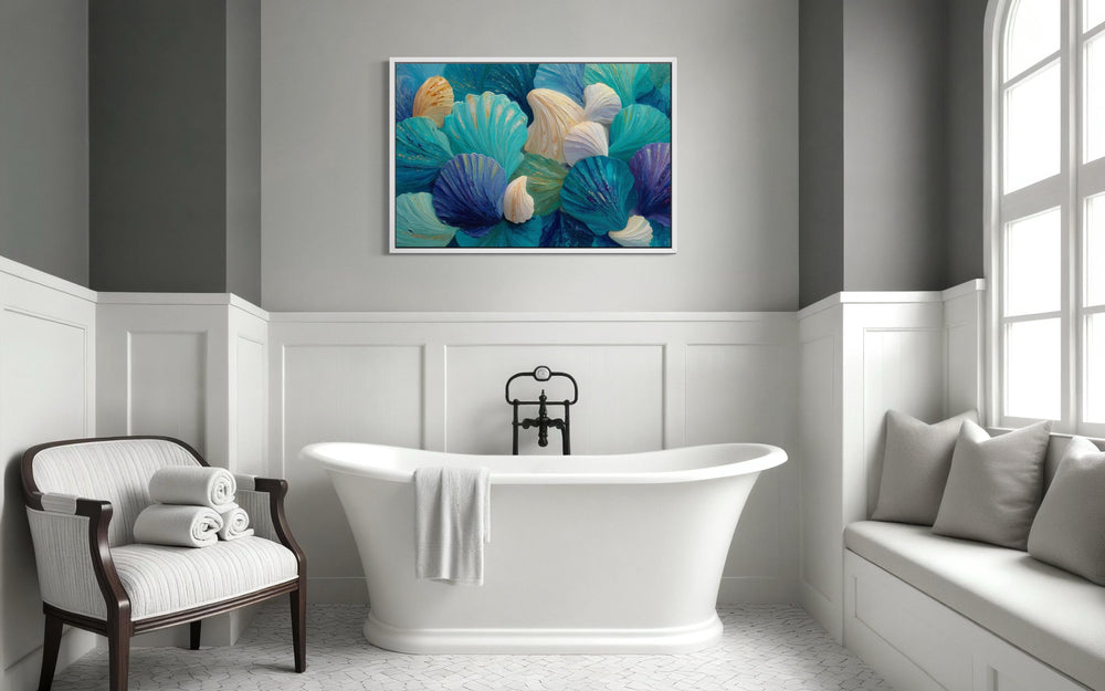 Teal Blue Aqua Shell Abstract Wall Art For Coastal Bathroom Decor