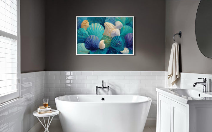 Teal Blue Aqua Shell Abstract Wall Art For Coastal Bathroom Decor