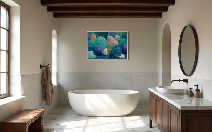 Teal Blue Aqua Shell Abstract Wall Art For Coastal Bathroom Decor