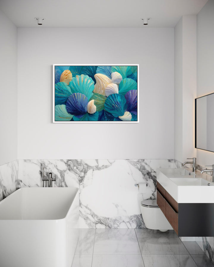 Teal Blue Aqua Shell Abstract Wall Art For Coastal Bathroom Decor