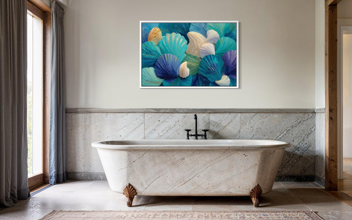 Teal Blue Aqua Shell Abstract Wall Art For Coastal Bathroom Decor