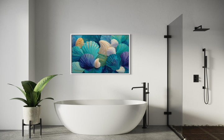 Teal Blue Aqua Shell Abstract Wall Art For Coastal Bathroom Decor