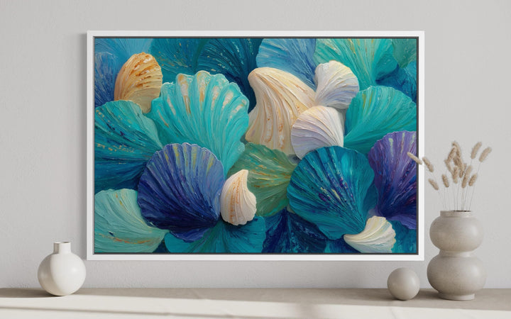 Teal Blue Aqua Shell Abstract Wall Art For Coastal Bathroom Decor