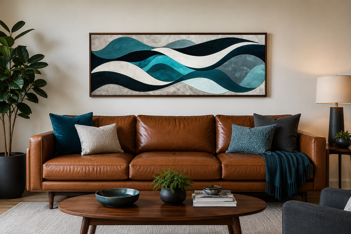 Long horizontal abstract wall art with teal, blue, and grey waves above a brown leather sofa.