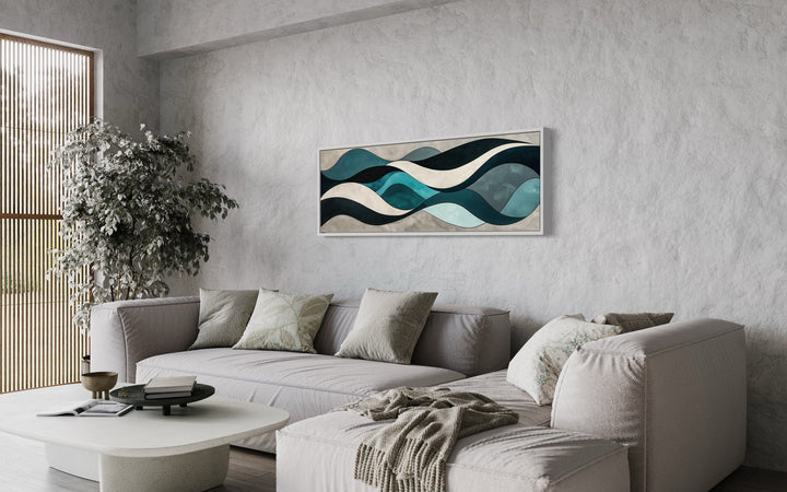 Teal Blue Grey Abstract Waves Above Bed Long Horizontal Wall Art