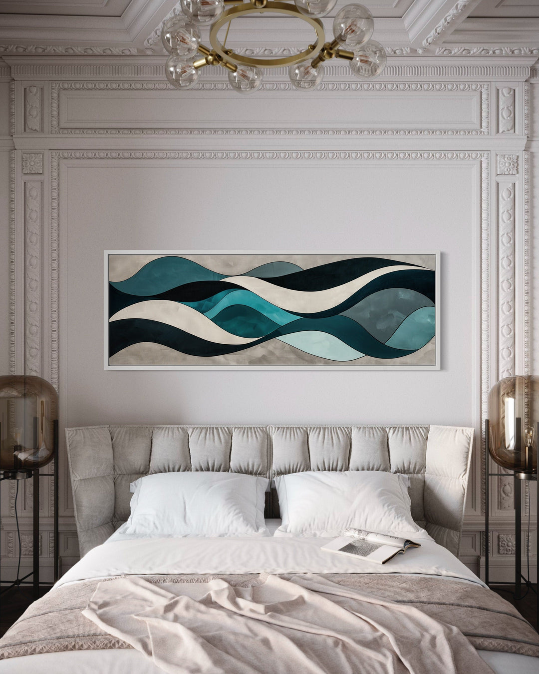 Teal Blue Grey Abstract Waves Above Bed Long Horizontal Wall Art