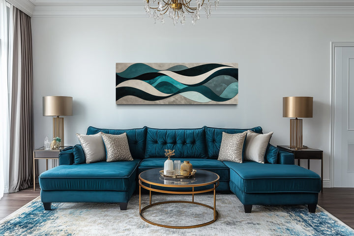 Teal Blue Grey Abstract Waves Above Bed Long Horizontal Wall Art