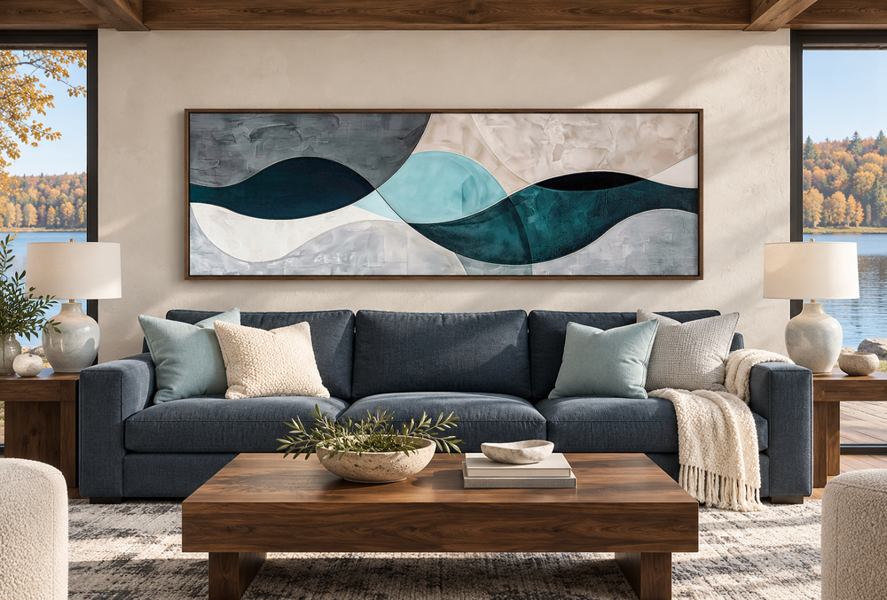 Long horizontal abstract geometric teal blue and grey framed wall art above a navy blue sofa.
