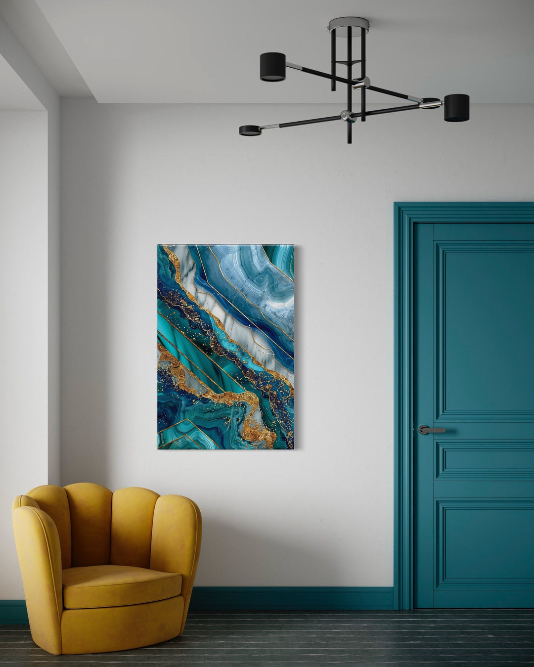 Teal Gold Abstract Marble Living Room Framed Canvas Wall Art