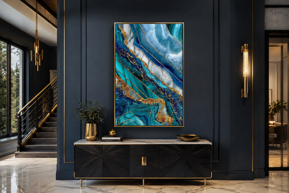 Teal and gold abstract marble framed canvas wall art hanging above a black console table.