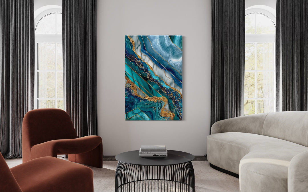 Teal Gold Abstract Marble Living Room Framed Canvas Wall Art