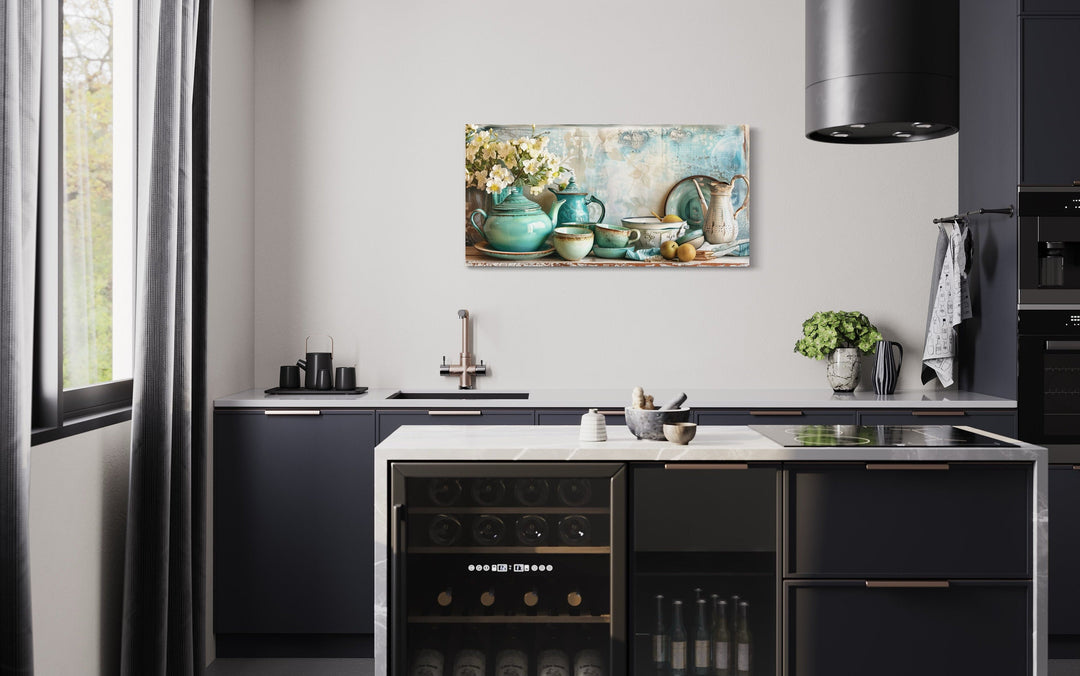 Teal Kitchenware Wall Art – Farmhouse Kitchen Canvas | Rustic Framed Decor