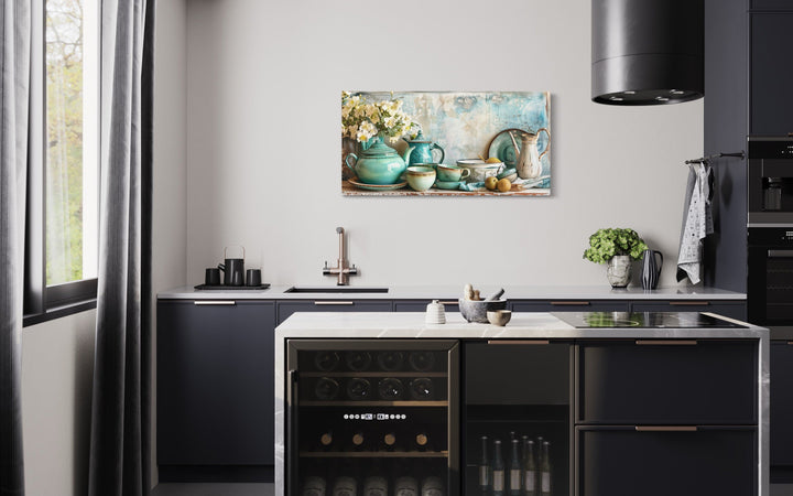 Teal Kitchenware Wall Art – Farmhouse Kitchen Canvas | Rustic Framed Decor