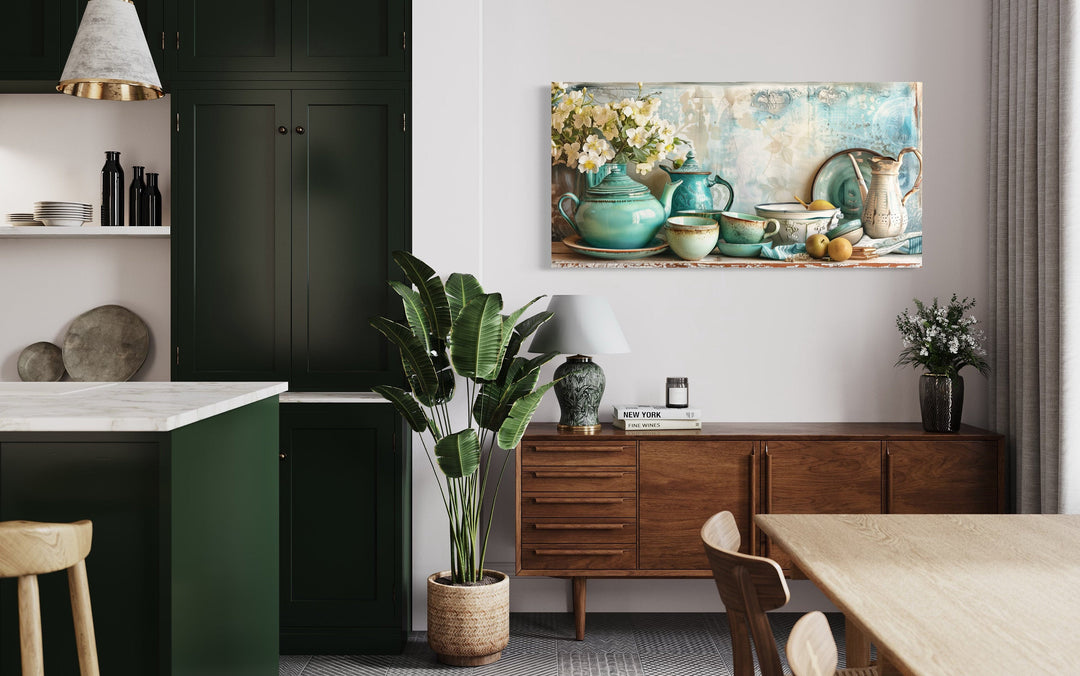 Teal Kitchenware Wall Art – Farmhouse Kitchen Canvas | Rustic Framed Decor