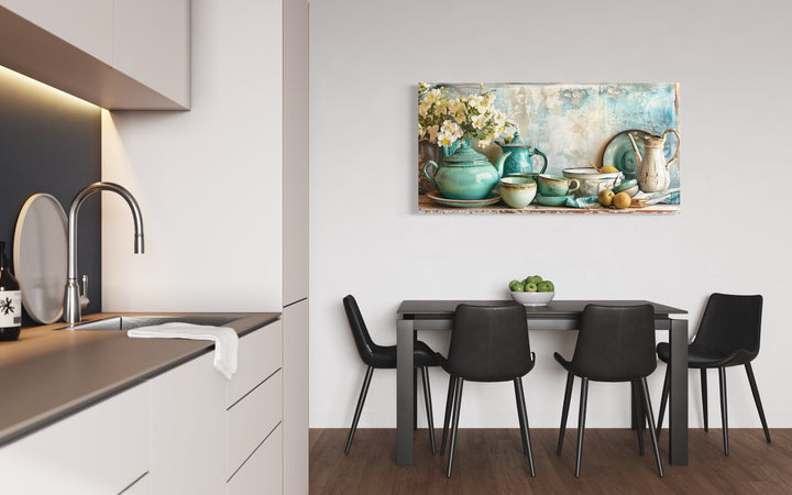 Teal Kitchenware Wall Art – Farmhouse Kitchen Canvas | Rustic Framed Decor
