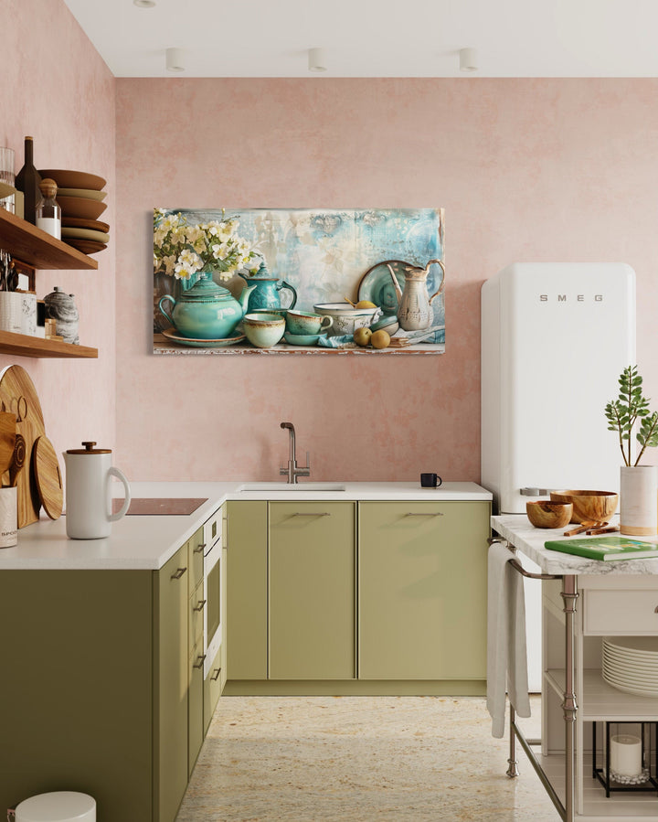 Teal Kitchenware Wall Art – Farmhouse Kitchen Canvas | Rustic Framed Decor