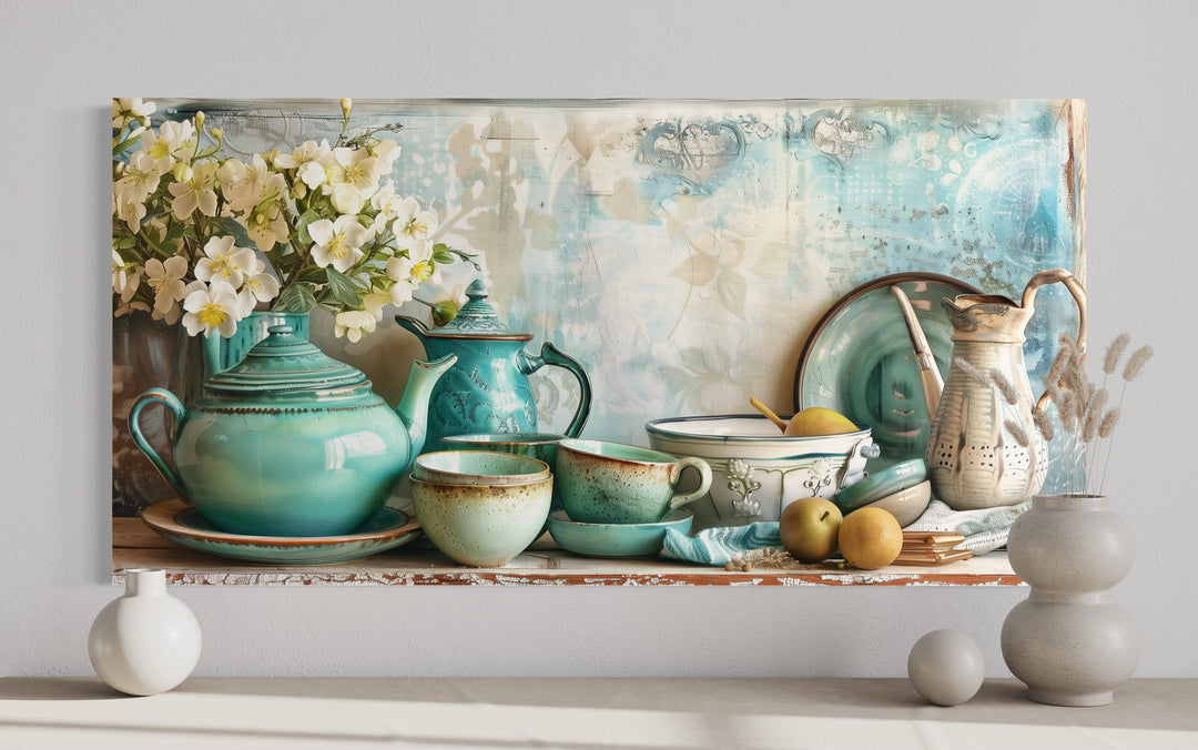 Teal Kitchenware Wall Art – Farmhouse Kitchen Canvas | Rustic Framed Decor