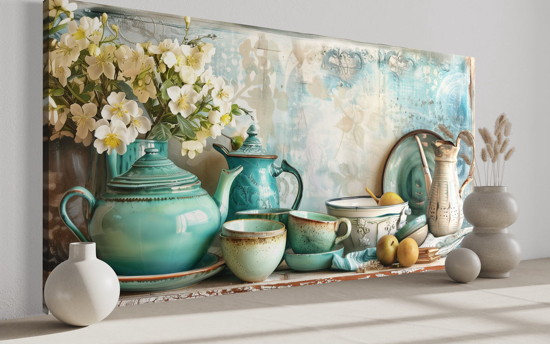 Teal Kitchenware Wall Art – Farmhouse Kitchen Canvas | Rustic Framed Decor