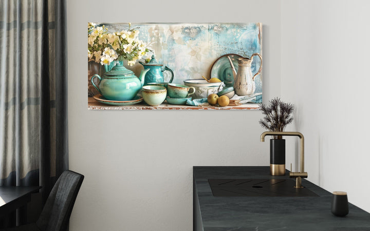 Teal Kitchenware Wall Art – Farmhouse Kitchen Canvas | Rustic Framed Decor