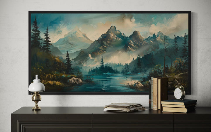 Teal Mountain Lake Framed Canvas Wall Art