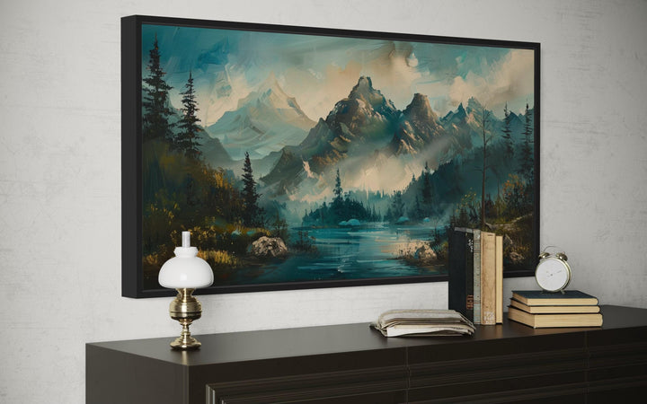 Teal Mountain Lake Framed Canvas Wall Art