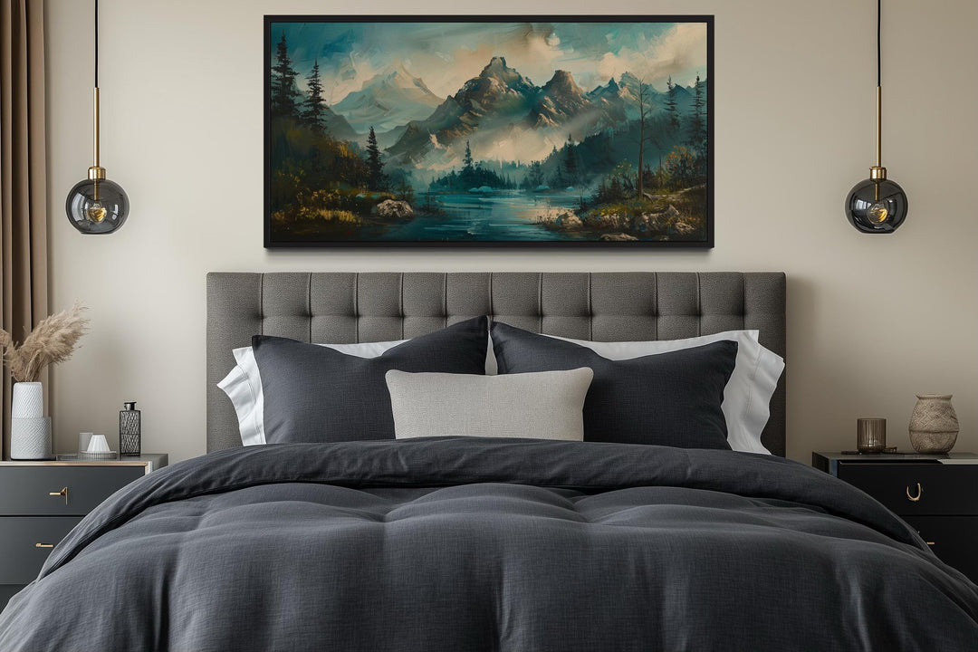 Teal Mountain Lake Framed Canvas Wall Art