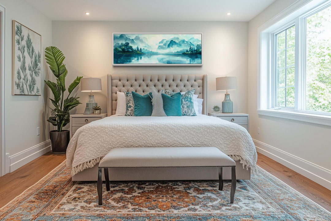 Teal mountain lake horizontal canvas wall art hanging above a tufted headboard in a bedroom.