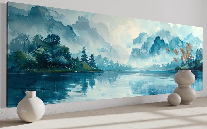 Teal mountain lake horizontal canvas wall art featuring misty peaks and a serene watercolor landscape