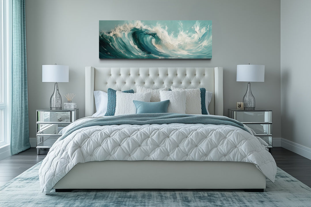 Teal Ocean Wave Coastal Horizontal Framed Canvas Wall Art