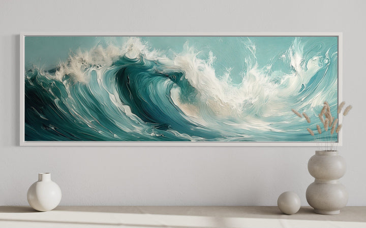 Teal Ocean Wave Coastal Horizontal Framed Canvas Wall Art